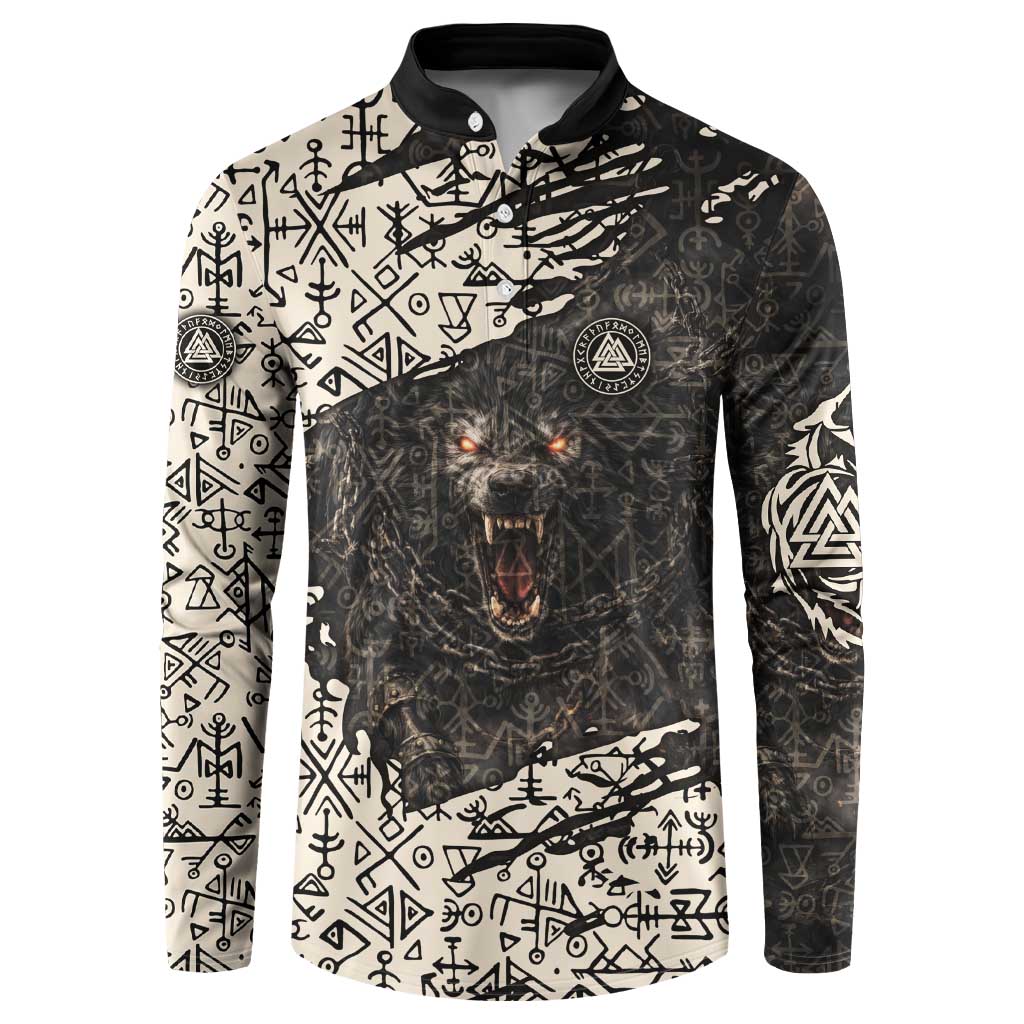 Fenrir Button Sweatshirt with Norse Symbols and Howling Wolf Viking Mythology Tribute - Wonder Print Shop