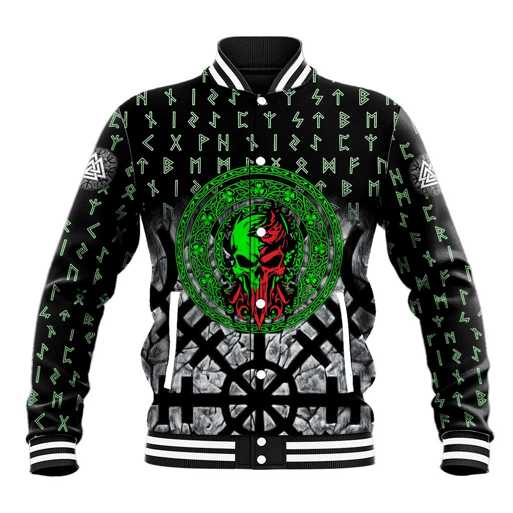 Flaming Skull Baseball Jacket with Green Runes and Norse Symbols Viking Warrior Tribute - Wonder Print Shop