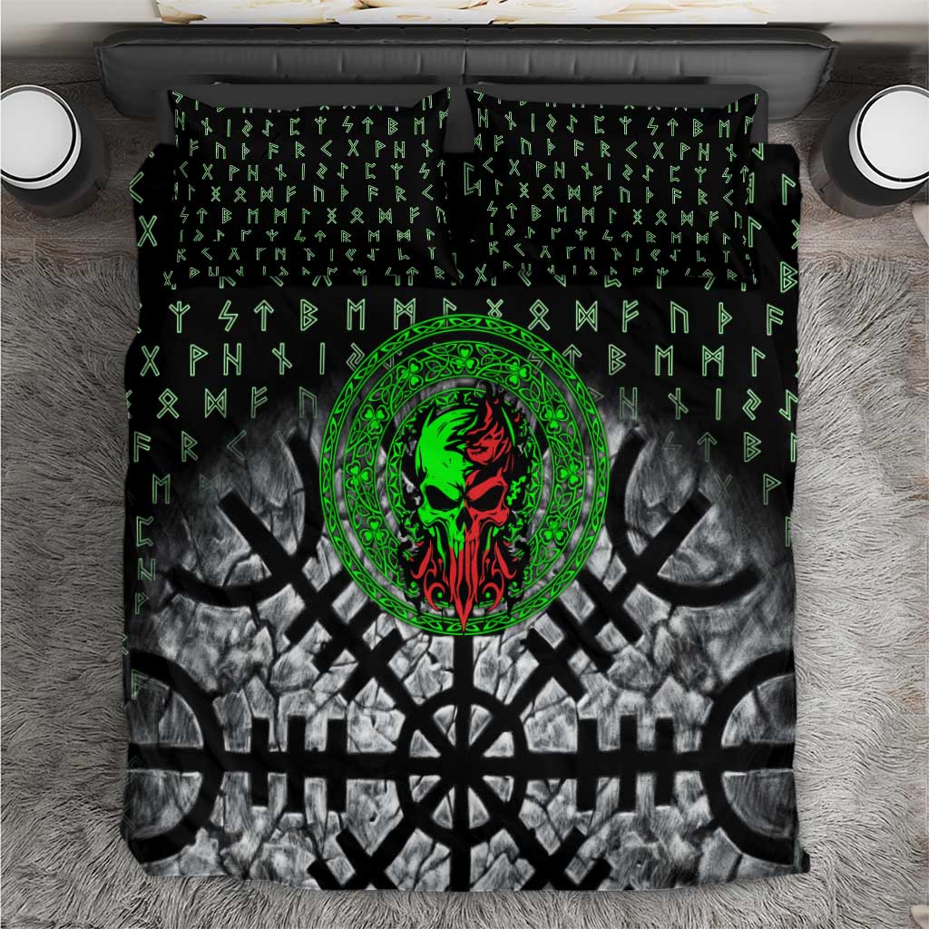 Flaming Skull Bedding Set with Green Runes and Norse Symbols Viking Warrior Tribute - Wonder Print Shop
