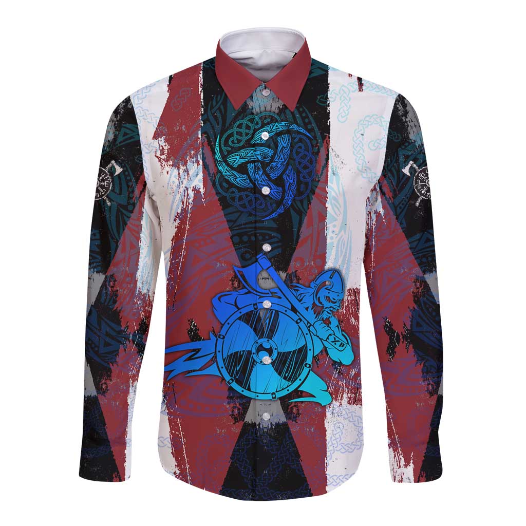 Vikings Warrior Long Sleeve Button Shirt with Shield, Axes and Nordic Pattern Norse Heritage Tribute - Wonder Print Shop