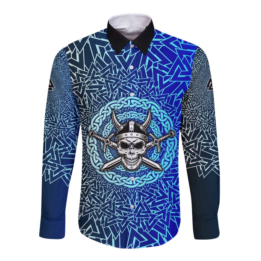 Viking Skull Long Sleeve Button Shirt with Horned Helmet and Swords Nordic Warrior Tribute - Wonder Print Shop