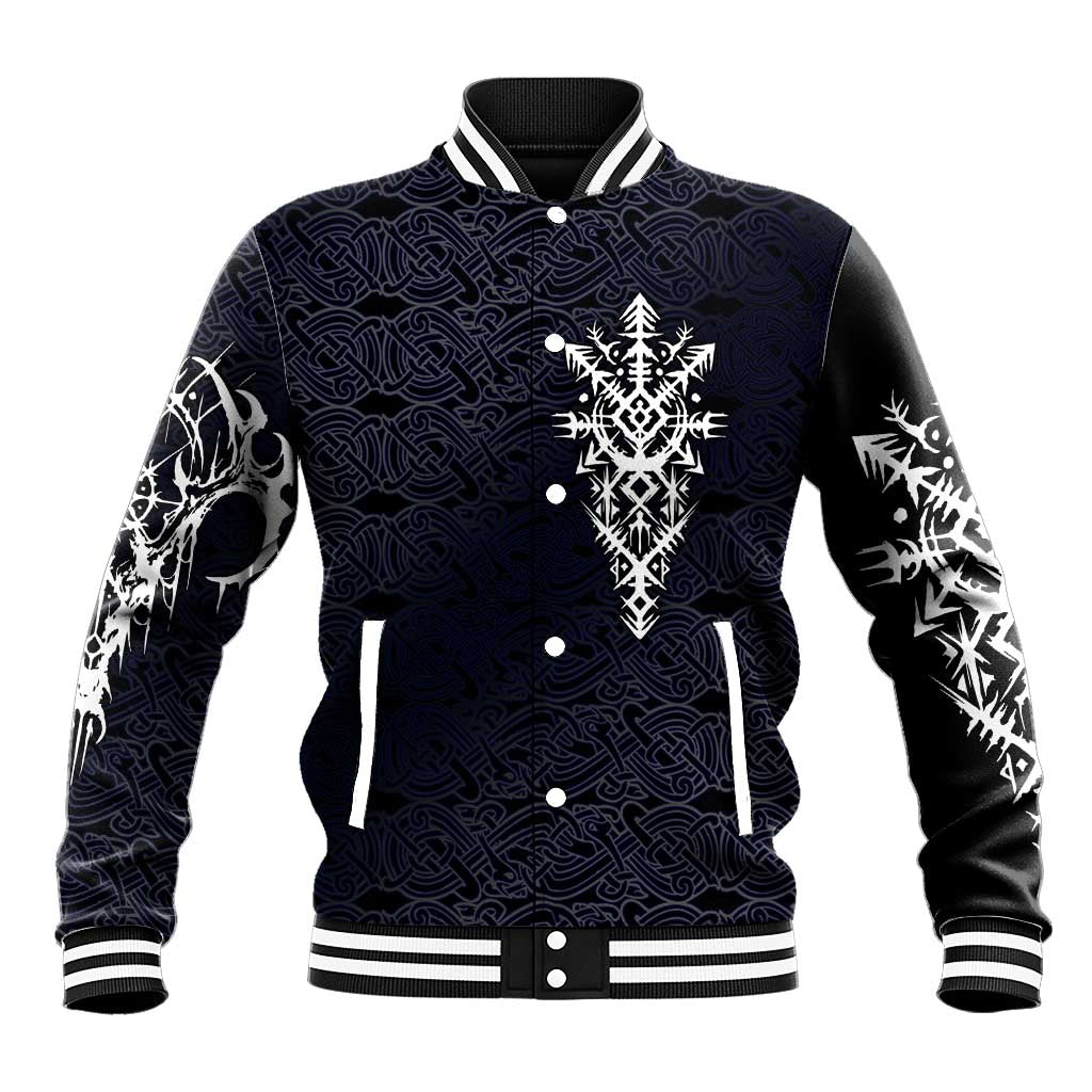 Runic Skull Baseball Jacket with Nordic Symbols and Knot Pattern Viking Heritage Tribute - Wonder Print Shop