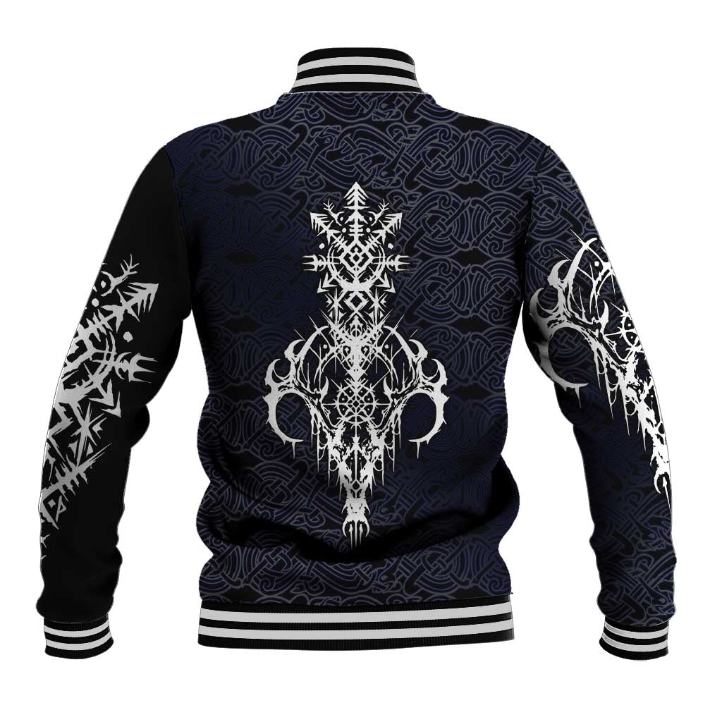 Runic Skull Baseball Jacket with Nordic Symbols and Knot Pattern Viking Heritage Tribute - Wonder Print Shop