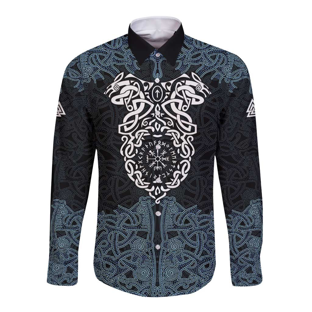 Viking Vegvisir Symbol Long Sleeve Button Shirt with Runes and Intricate Knotwork Norse Protection Tribute - Wonder Print Shop