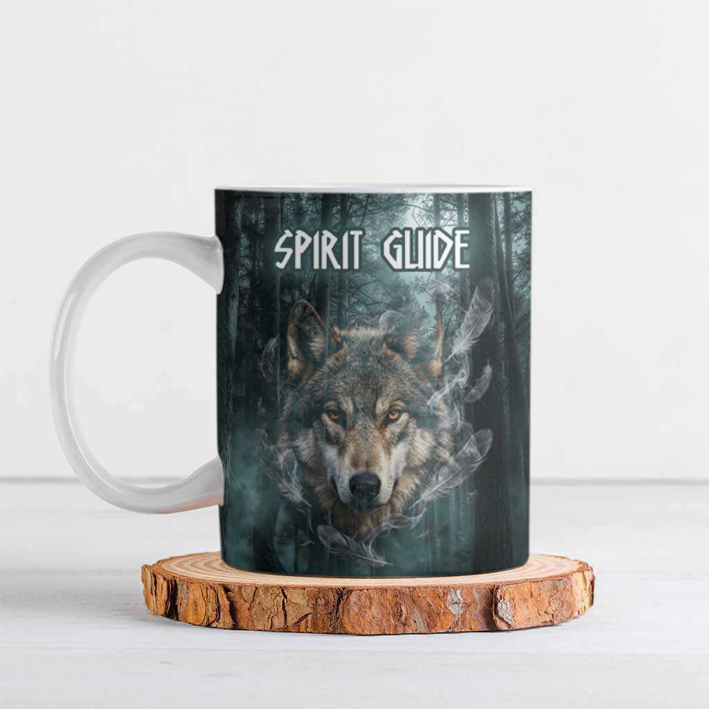 Spirit Guide Wolf Ceramic Mug with Forest Background Tribal Paw Print with Nature Symbols Native American - Wonder Print Shop