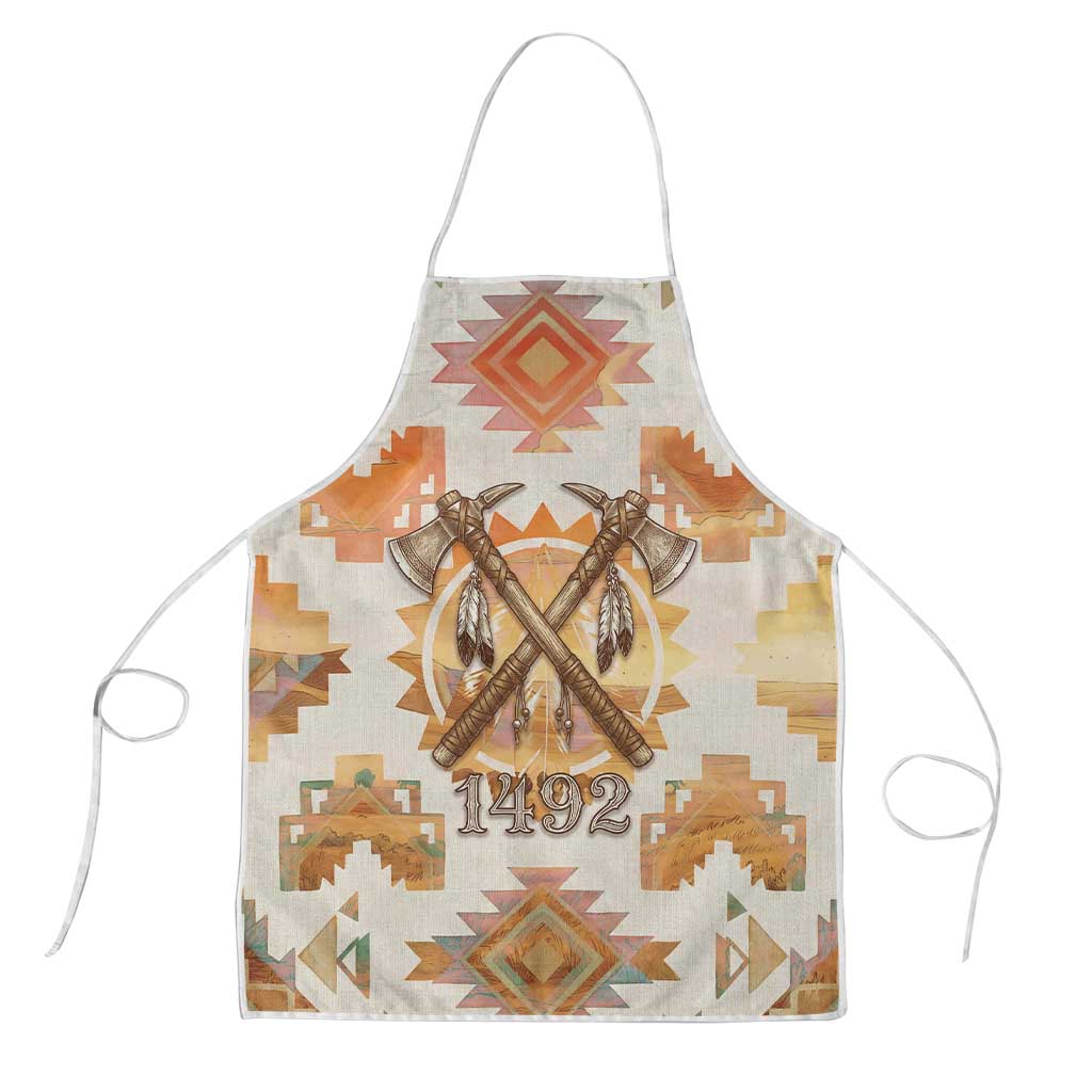 Native American Headdress and Tomahawk Apron with 1492 Symbolic Date Traditional Feather Motif Indigenous Heritage - Wonder Print Shop