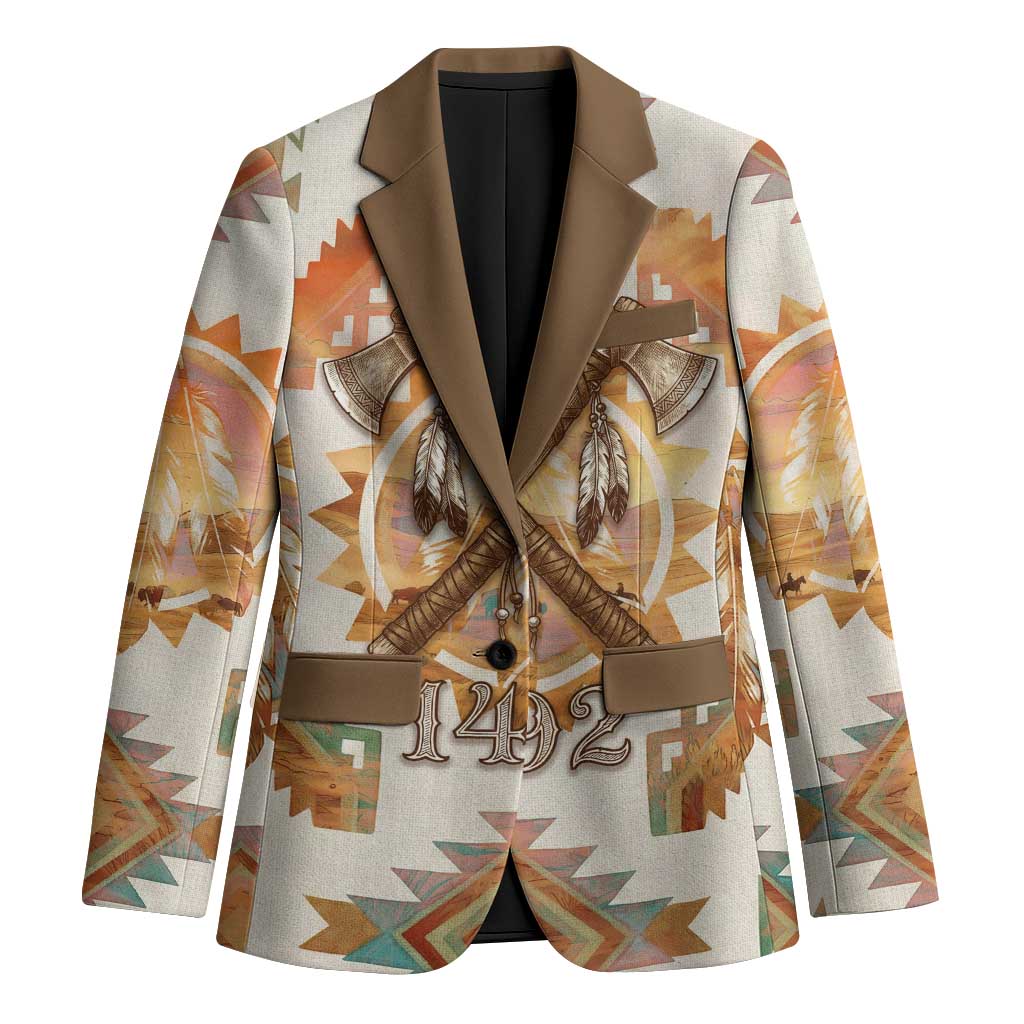 Native American Headdress and Tomahawk Blazer with 1492 Symbolic Date Traditional Feather Motif Indigenous Heritage - Wonder Print Shop