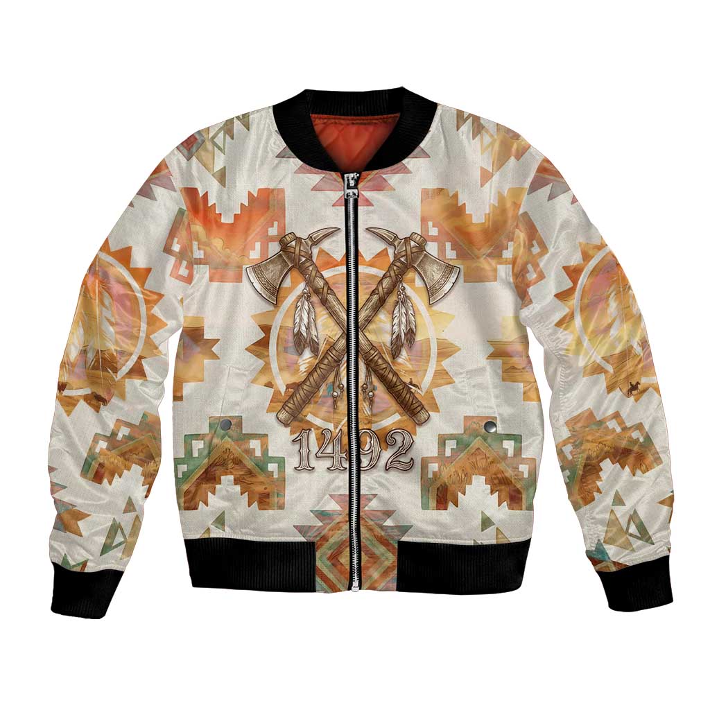 Native American Headdress and Tomahawk Bomber Jacket with 1492 Symbolic Date Traditional Feather Motif Indigenous Heritage - Wonder Print Shop