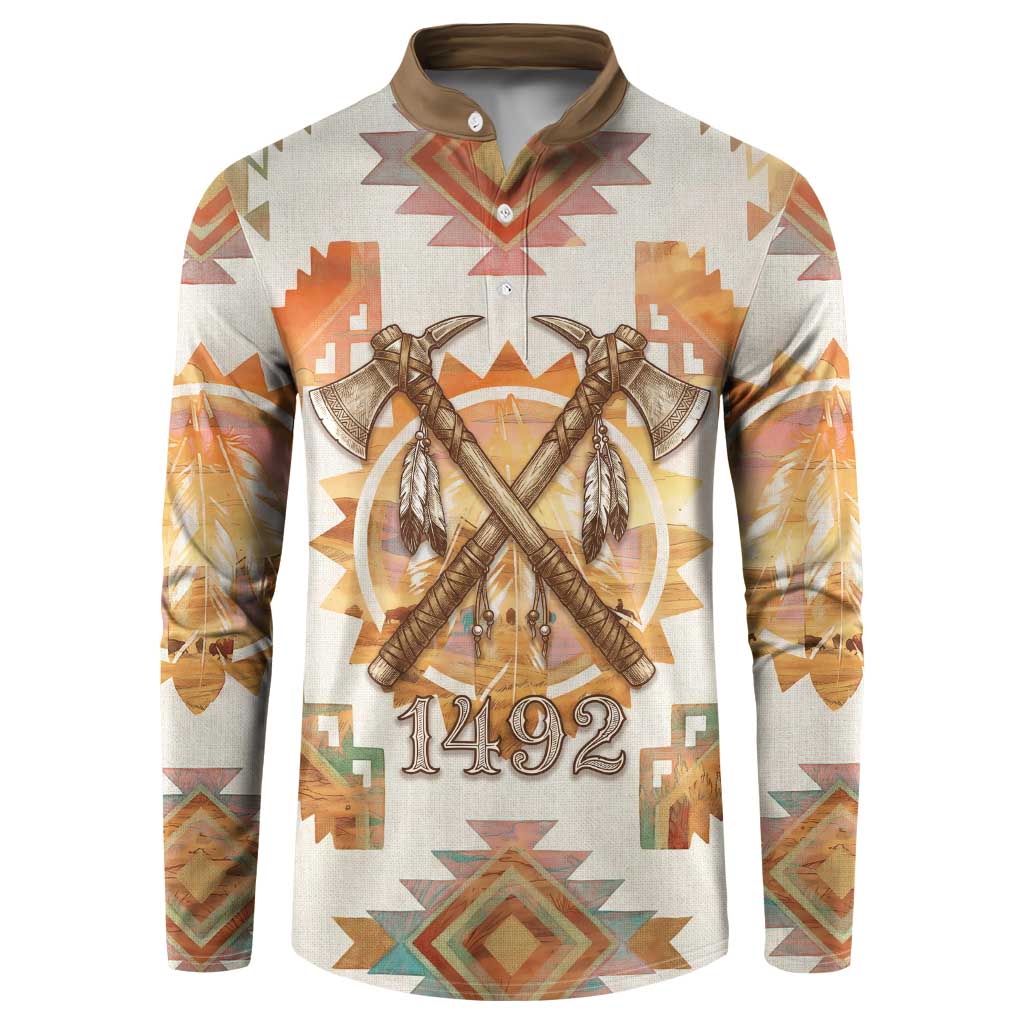 Native American Headdress and Tomahawk Button Sweatshirt with 1492 Symbolic Date Traditional Feather Motif Indigenous Heritage - Wonder Print Shop