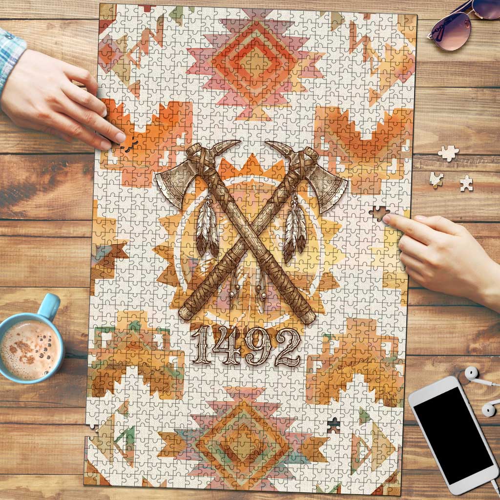 Native American Headdress and Tomahawk Puzzle with 1492 Symbolic Date Traditional Feather Motif Indigenous Heritage - Wonder Print Shop