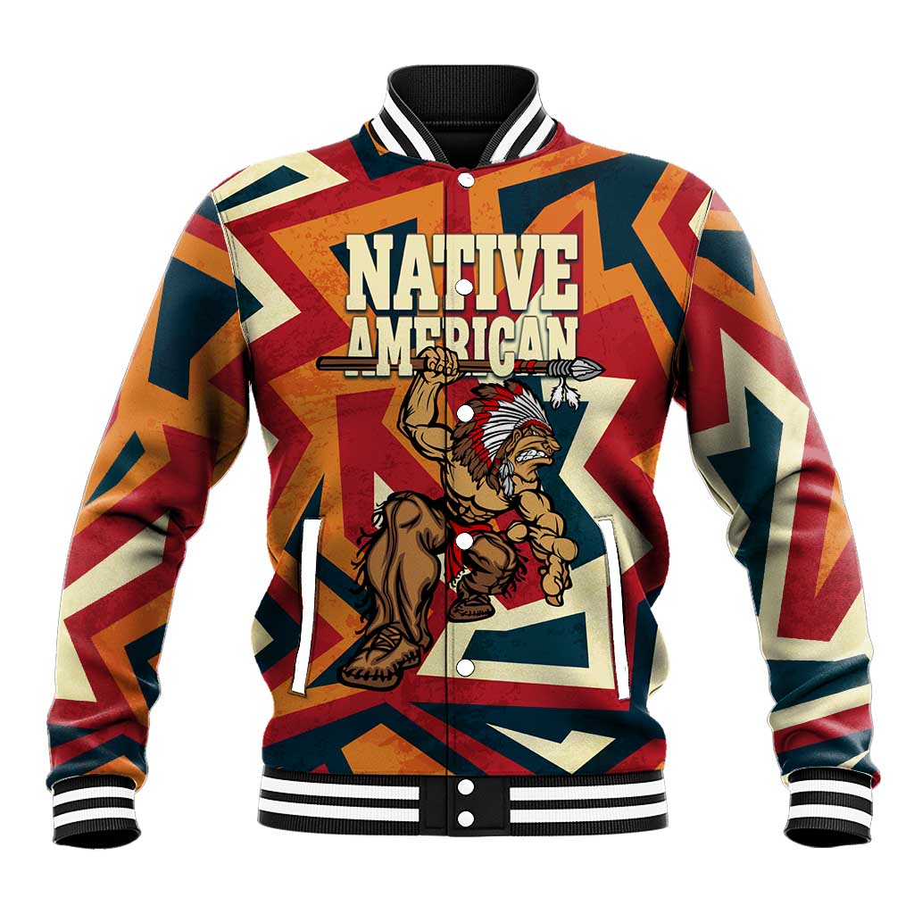 Native American Warrior Baseball Jacket with Tribal Geometric Pattern Bold Sunset Mountain - Wonder Print Shop