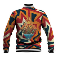 Native American Warrior Baseball Jacket with Tribal Geometric Pattern Bold Sunset Mountain - Wonder Print Shop