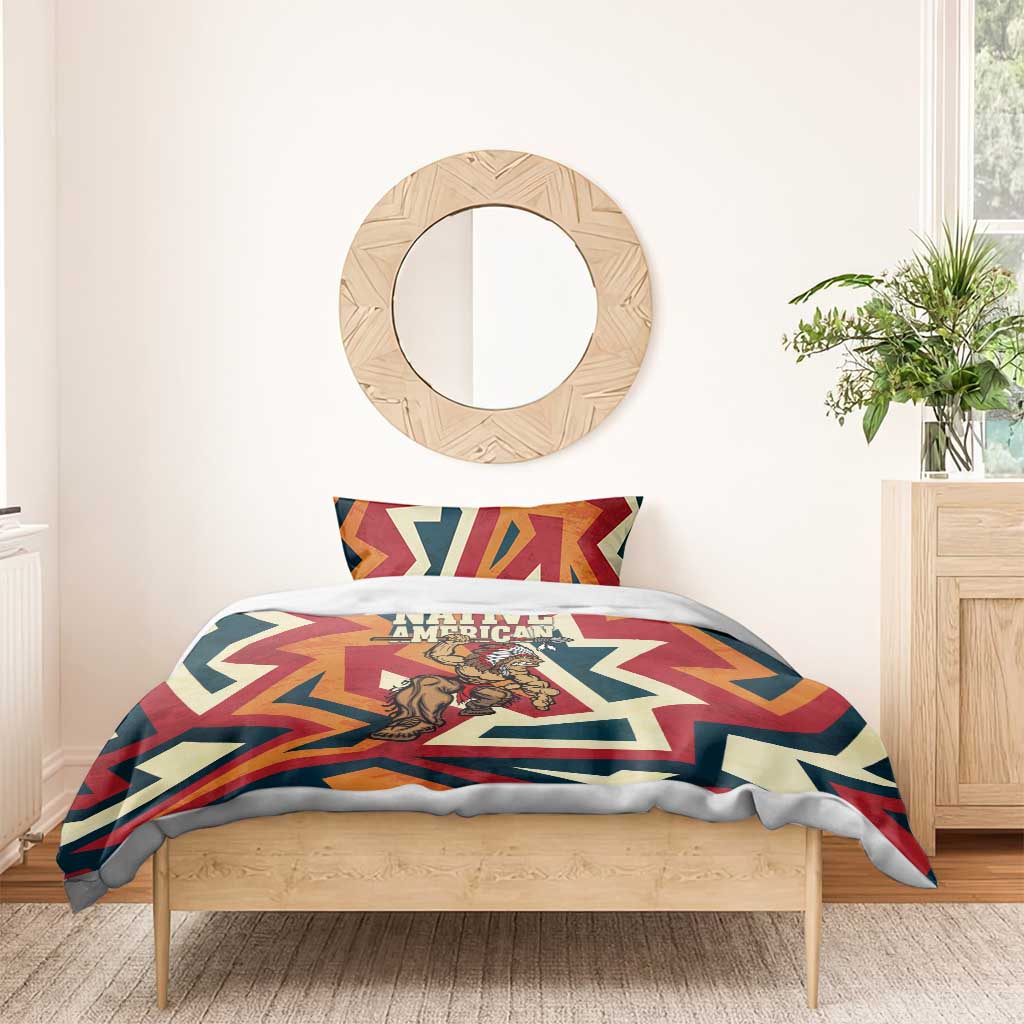 Native American Warrior Bedding Set with Tribal Geometric Pattern Bold Sunset Mountain - Wonder Print Shop