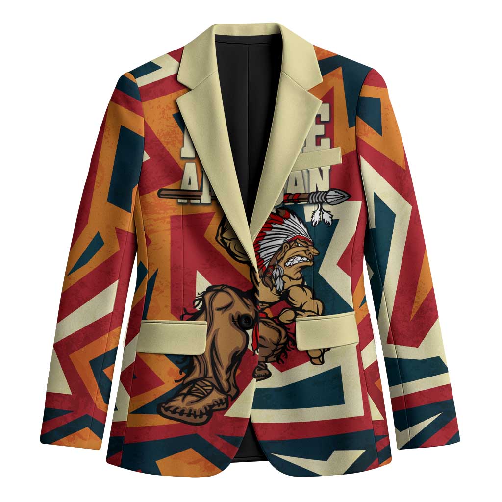 Native American Warrior Blazer with Tribal Geometric Pattern Bold Sunset Mountain - Wonder Print Shop