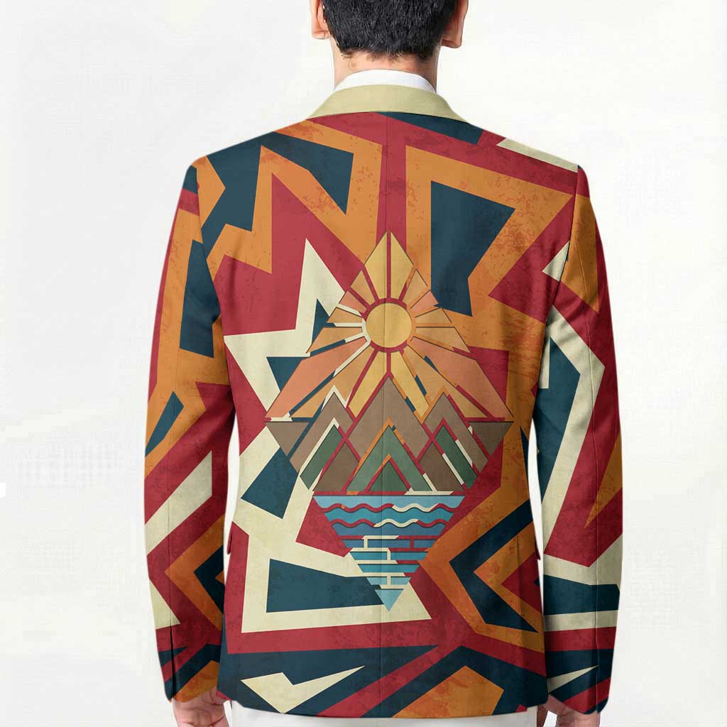 Native American Warrior Blazer with Tribal Geometric Pattern Bold Sunset Mountain - Wonder Print Shop