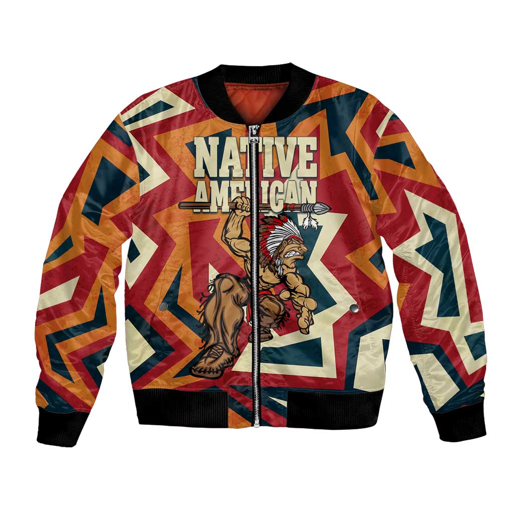 Native American Warrior Bomber Jacket with Tribal Geometric Pattern Bold Sunset Mountain - Wonder Print Shop
