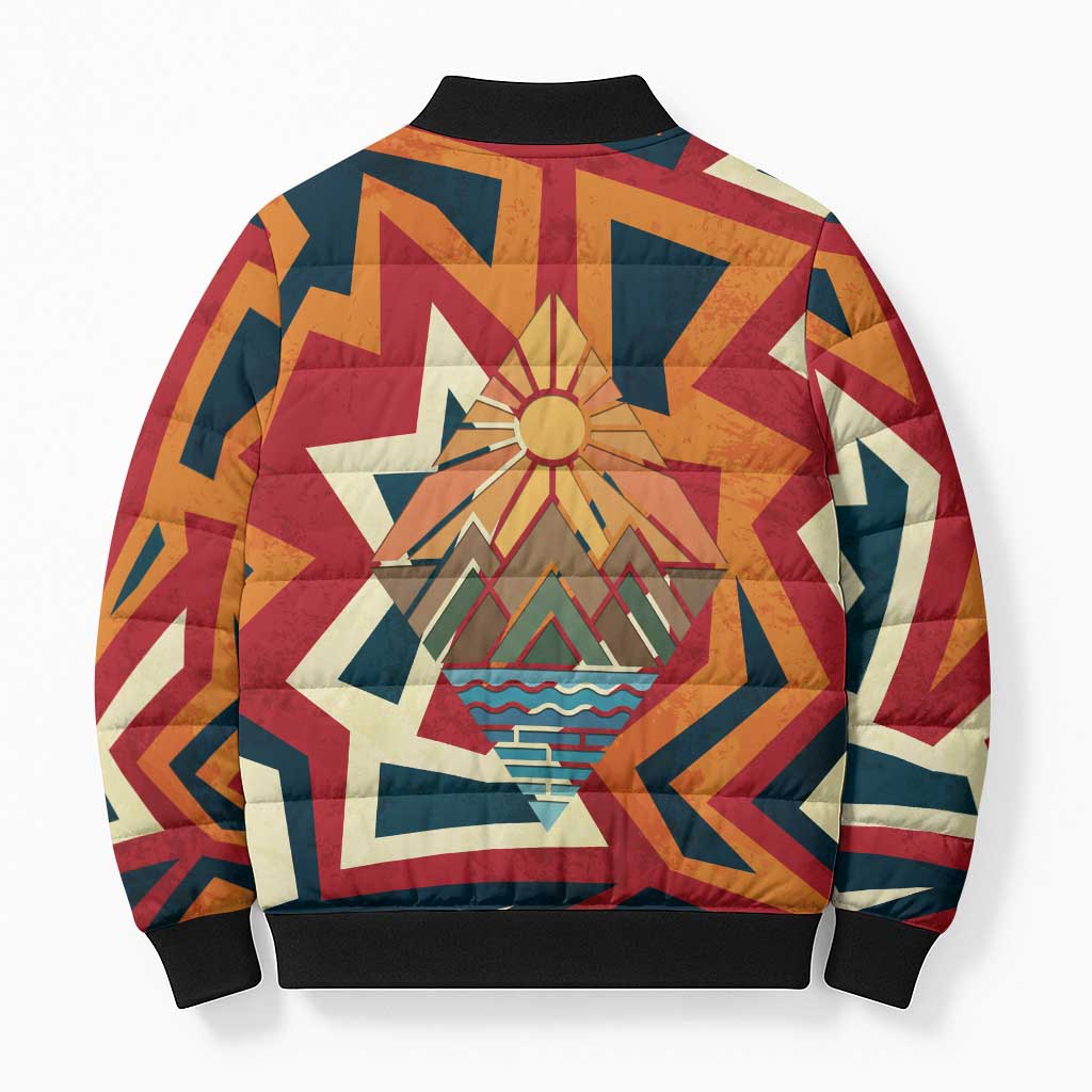 Native American Warrior Bomber Puffer Jacket with Tribal Geometric Pattern Bold Sunset Mountain - Wonder Print Shop