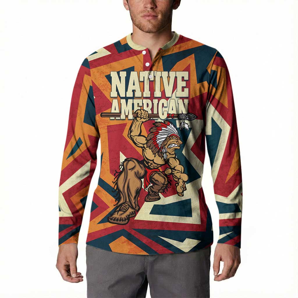 Native American Warrior Button Sweatshirt with Tribal Geometric Pattern Bold Sunset Mountain - Wonder Print Shop