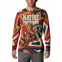 Native American Warrior Button Sweatshirt with Tribal Geometric Pattern Bold Sunset Mountain - Wonder Print Shop