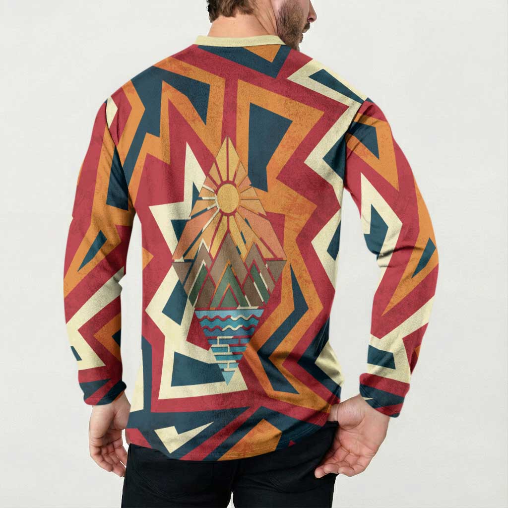 Native American Warrior Button Sweatshirt with Tribal Geometric Pattern Bold Sunset Mountain - Wonder Print Shop