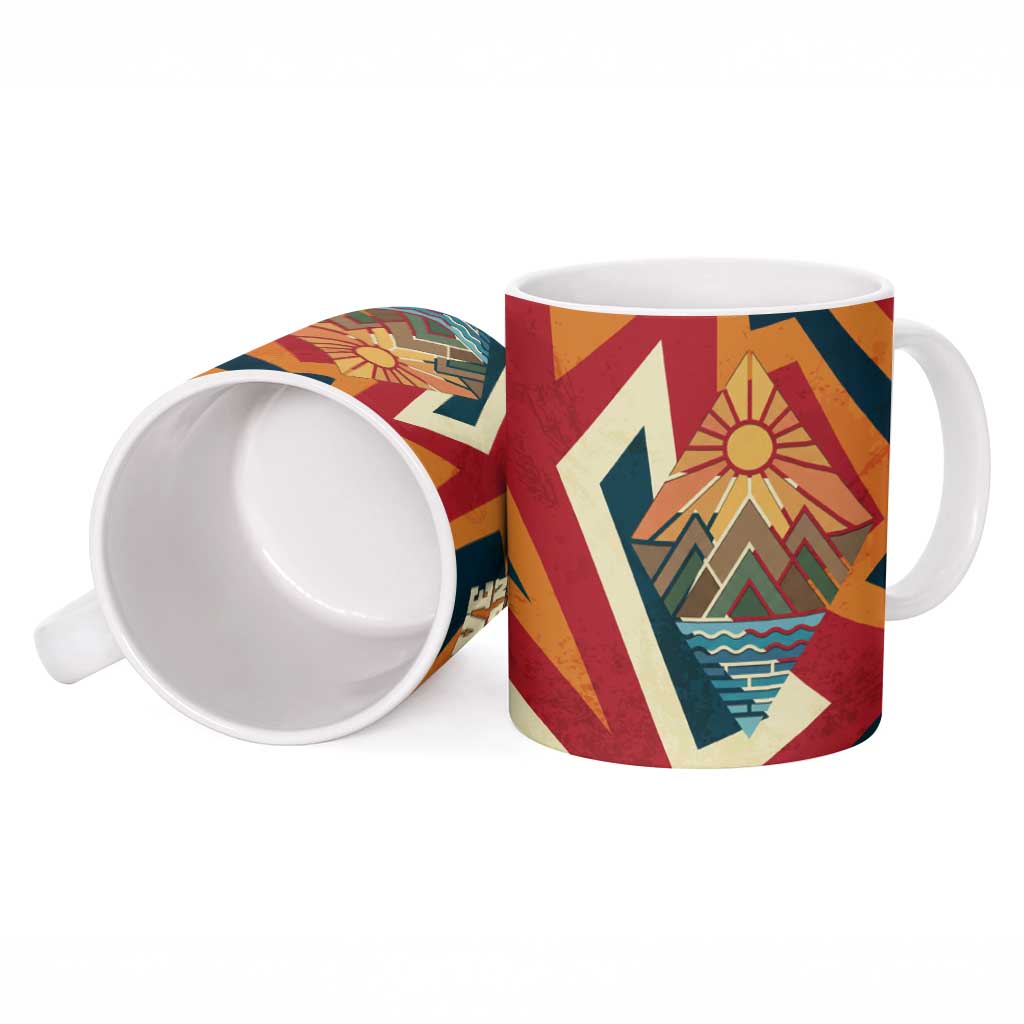Native American Warrior Ceramic Mug with Tribal Geometric Pattern Bold Sunset Mountain - Wonder Print Shop