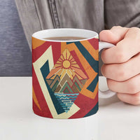 Native American Warrior Ceramic Mug with Tribal Geometric Pattern Bold Sunset Mountain - Wonder Print Shop