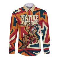 Native American Warrior Long Sleeve Button Shirt with Tribal Geometric Pattern Bold Sunset Mountain - Wonder Print Shop