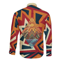 Native American Warrior Long Sleeve Button Shirt with Tribal Geometric Pattern Bold Sunset Mountain - Wonder Print Shop