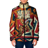 Native American Warrior Padded Jacket with Tribal Geometric Pattern Bold Sunset Mountain - Wonder Print Shop