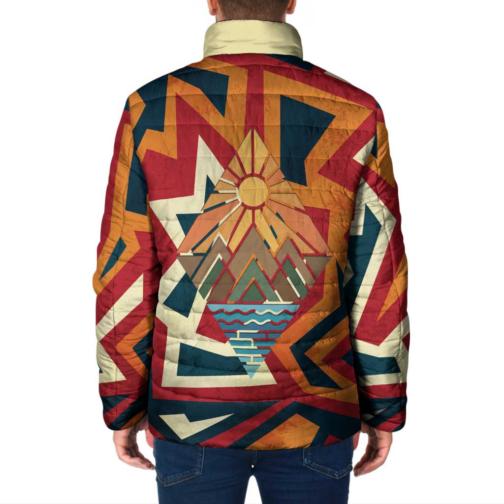 Native American Warrior Padded Jacket with Tribal Geometric Pattern Bold Sunset Mountain - Wonder Print Shop