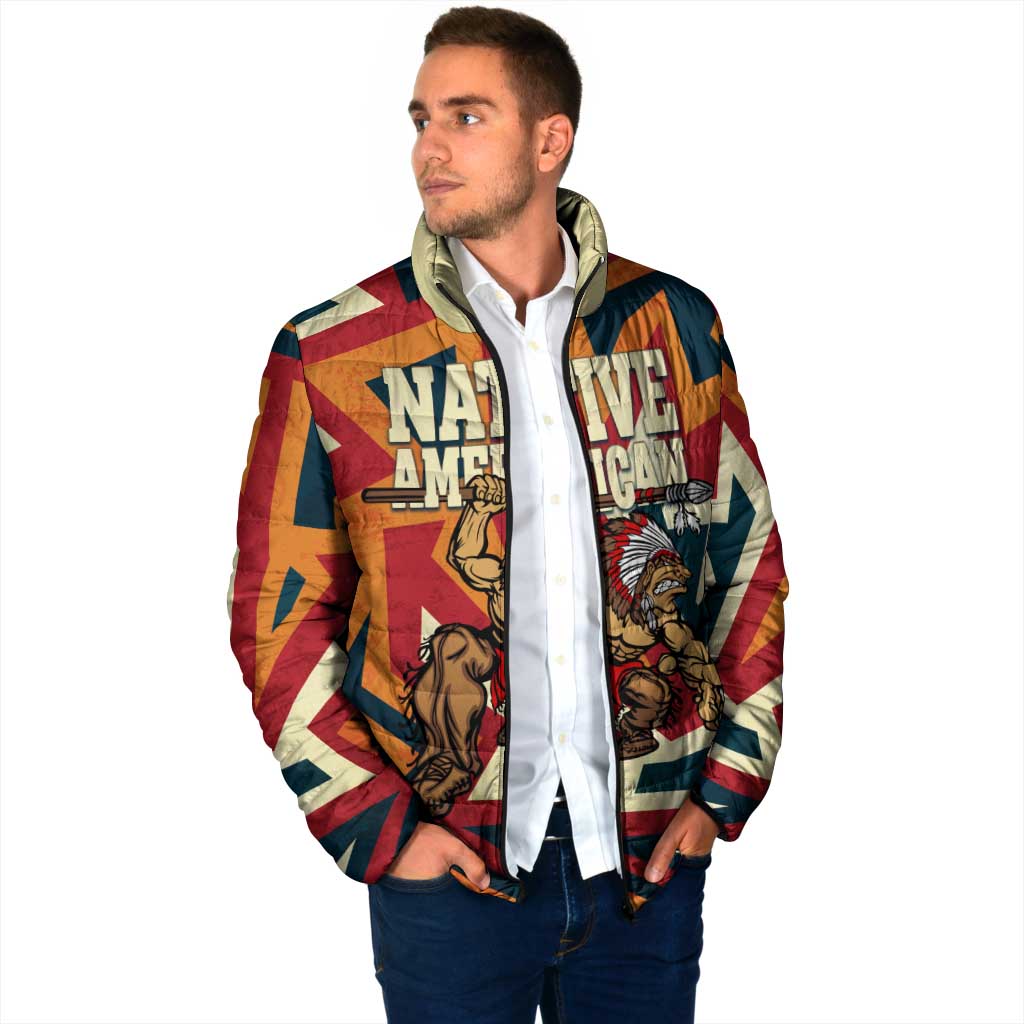 Native American Warrior Padded Jacket with Tribal Geometric Pattern Bold Sunset Mountain - Wonder Print Shop