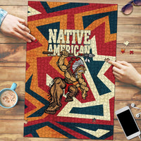 Native American Warrior Puzzle with Tribal Geometric Pattern Bold Sunset Mountain - Wonder Print Shop