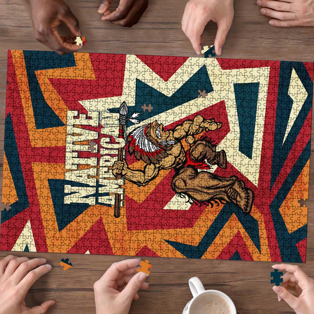 Native American Warrior Puzzle with Tribal Geometric Pattern Bold Sunset Mountain - Wonder Print Shop