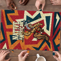 Native American Warrior Puzzle with Tribal Geometric Pattern Bold Sunset Mountain - Wonder Print Shop