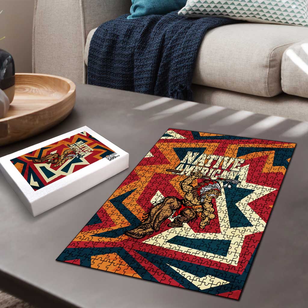 Native American Warrior Puzzle with Tribal Geometric Pattern Bold Sunset Mountain - Wonder Print Shop