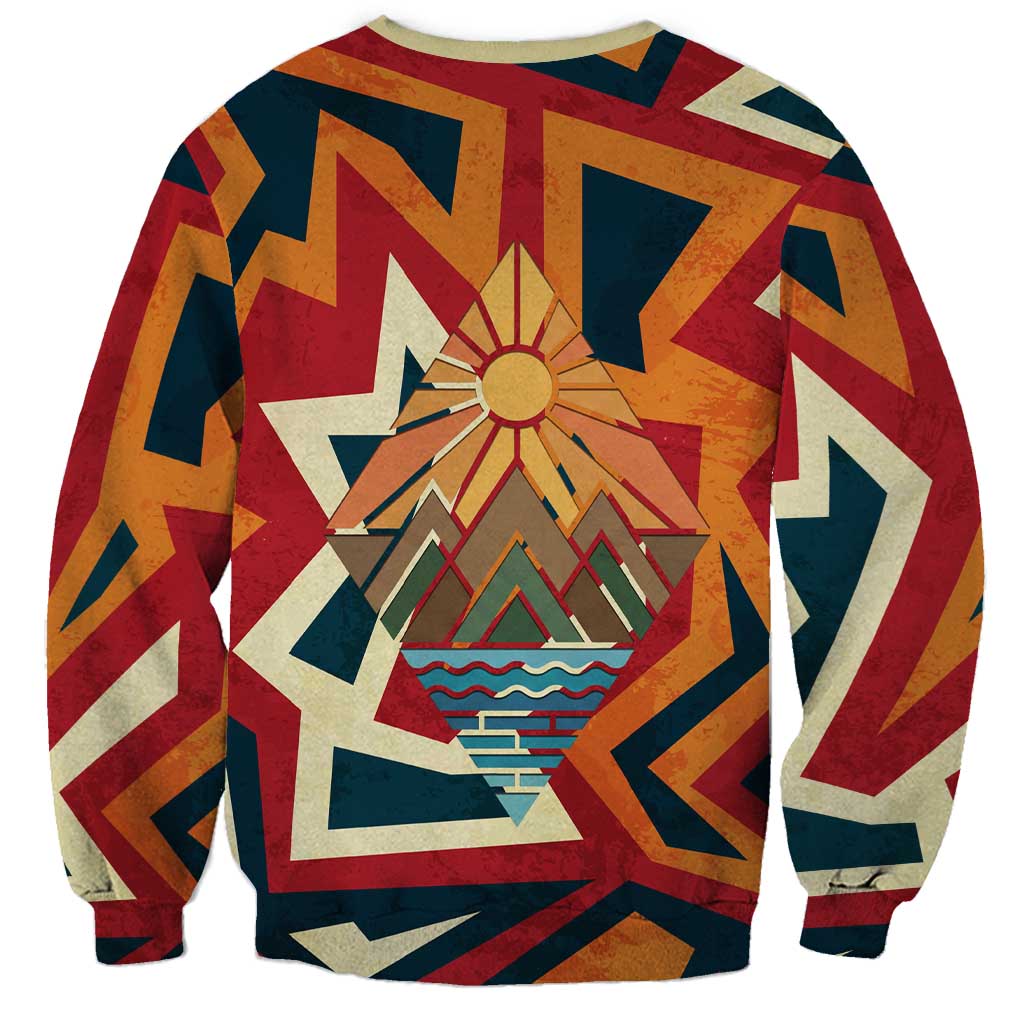 Native American Warrior Sweatshirt with Tribal Geometric Pattern Bold Sunset Mountain - Wonder Print Shop