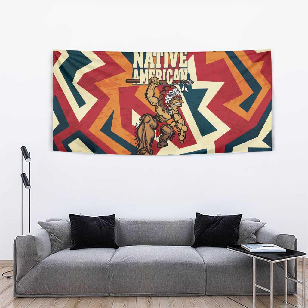 Native American Warrior Tapestry with Tribal Geometric Pattern Bold Sunset Mountain - Wonder Print Shop