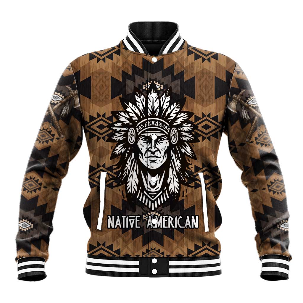 Native American Chief Warrior Baseball Jacket Feather Headdress and Horse Tribal Arrow Pattern - Wonder Print Shop