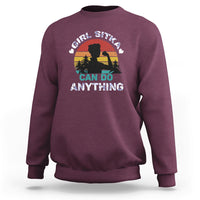 Girls maroon crewneck sweatshirt with "CAN DO ANYTHING" outdoor graphic on front