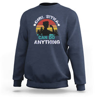 Girls navy crewneck sweatshirt with "CAN DO ANYTHING" outdoor graphic on front