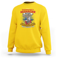 Daisy yellow sweatshirt with Emergency Manager eagle graphic and “Americans need heroes too”