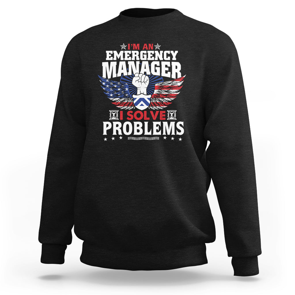 Black crewneck sweatshirt with firefighter-style emblem and 'I Solve Problems' print