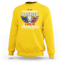 Daisy yellow crewneck sweatshirt with firefighter-style emblem and 'I Solve Problems' print