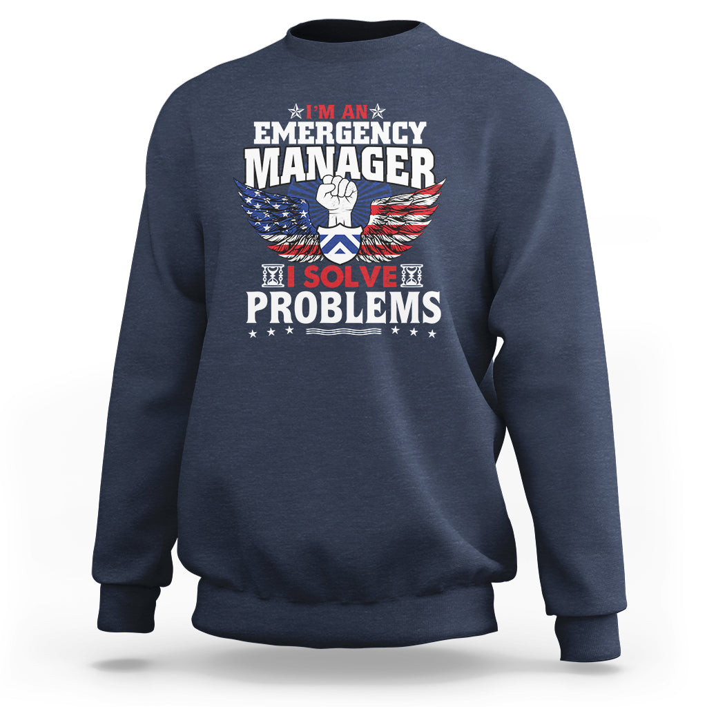 Navy crewneck sweatshirt with firefighter-style emblem and 'I Solve Problems' print