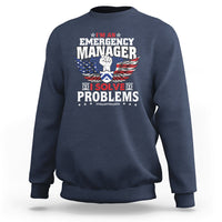 Navy crewneck sweatshirt with firefighter-style emblem and 'I Solve Problems' print