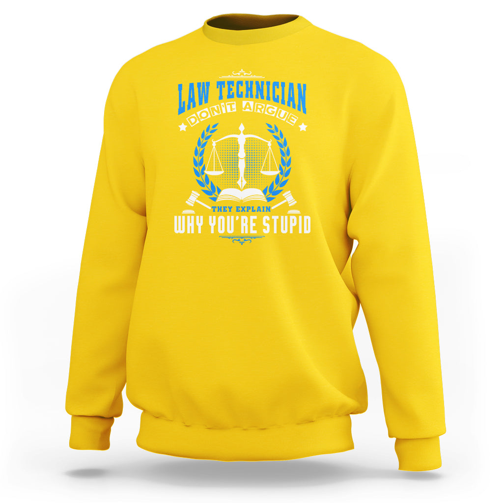 Law Technician sweatshirt in daisy yellow, crewneck with blue scales and laurel graphic on front