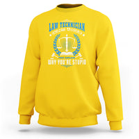 Law Technician sweatshirt in daisy yellow, crewneck with blue scales and laurel graphic on front