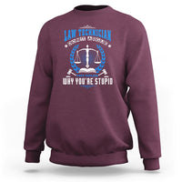 Law Technician sweatshirt in maroon, crewneck with blue scales and laurel graphic on front