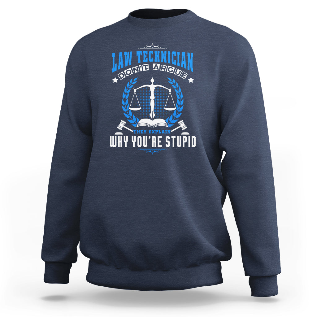 Law Technician sweatshirt in navy, crewneck with blue scales and laurel graphic on front