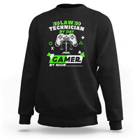 Black crewneck sweatshirt with controller law technician graphic, long sleeves.